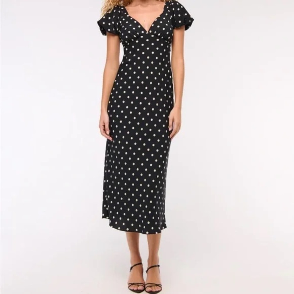 Abercrombie Puff Sleeve Midi Dress in Black Dot